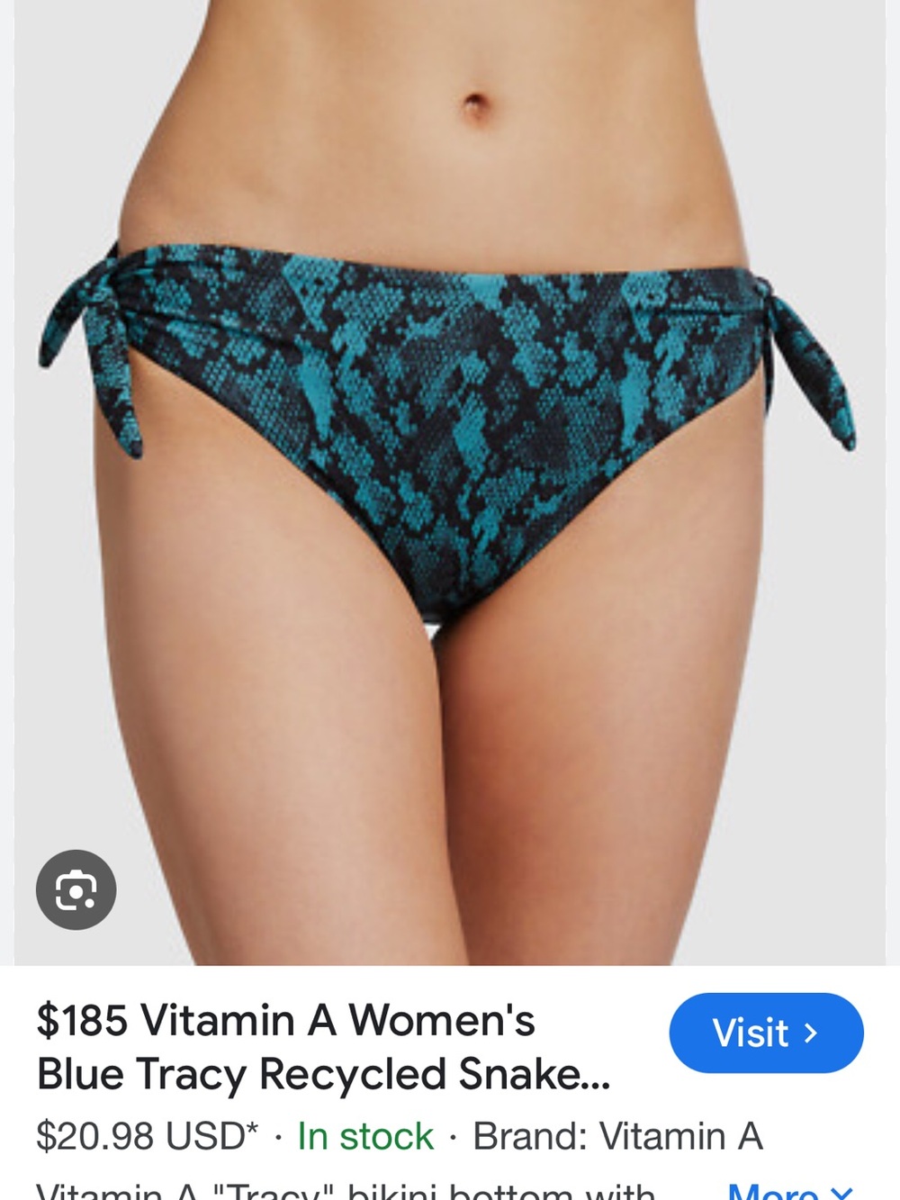Vitamin A Blue Tracy Snake Print Tie-Side Bikini Bottom, size Small NWT